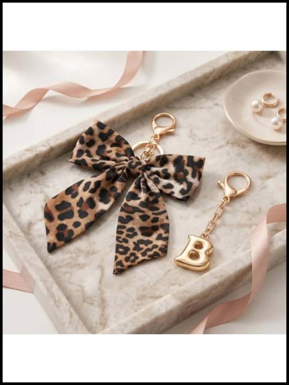 Leopard Print Bow J Initial Keychain Purse Charm Set of 2 Alloy Polyester